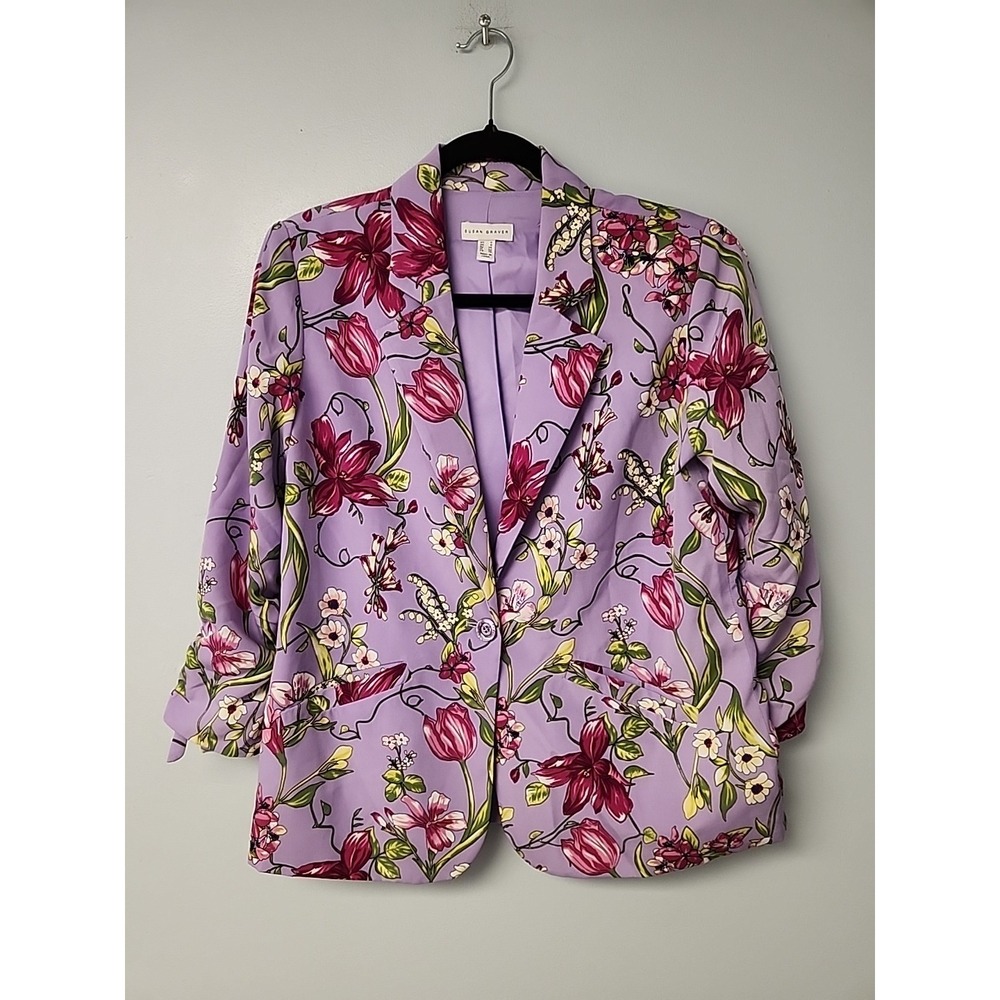 Susan Graver Size 4 Printed Peachskin Career Blazer with Ruched Sleeves Lilac